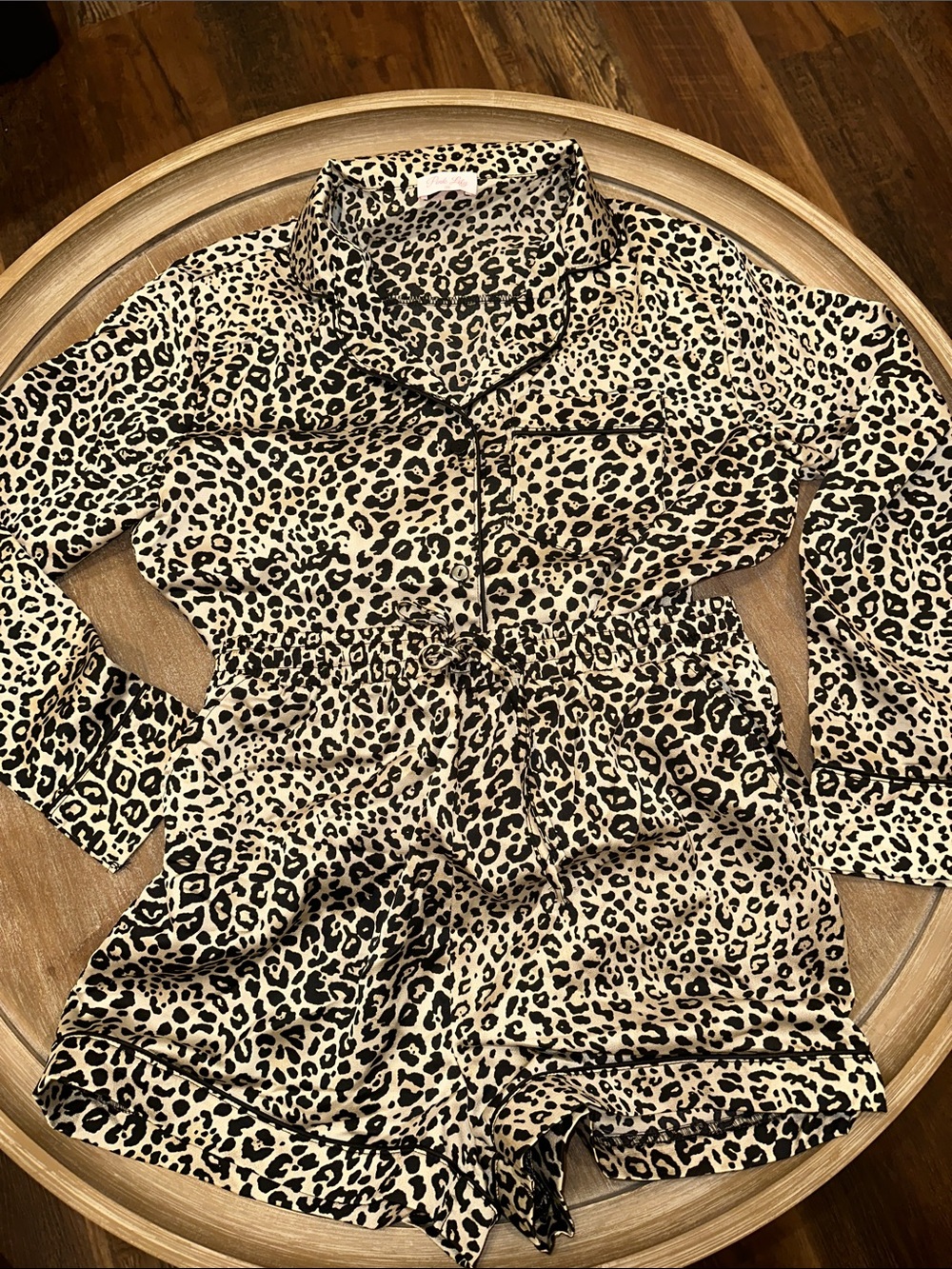 Pink Lily Leopard Satin Pajama Set-Mismatched Sizes (Medium Top/Large Bottoms)